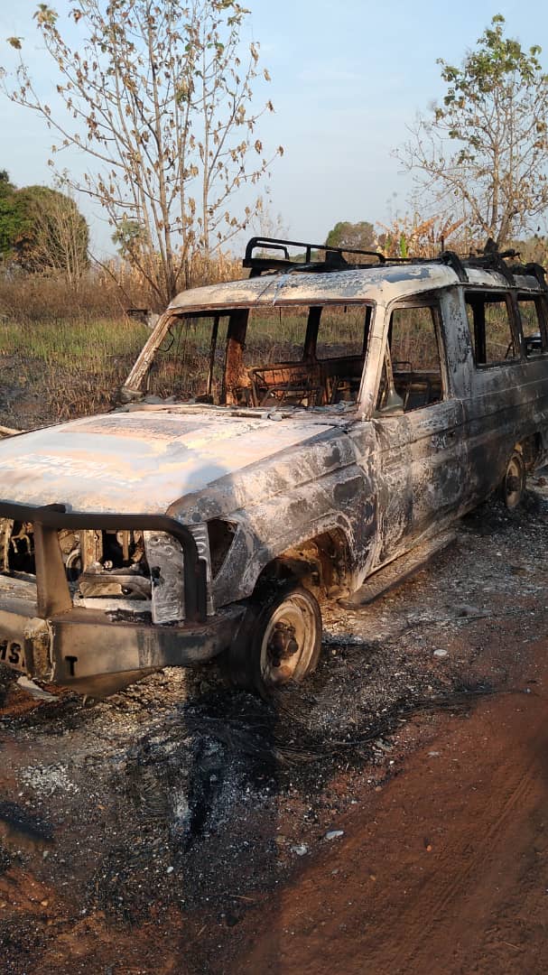 Destroyed vehicle carrying MSF property including medicines and medical supplies. February, 2022.