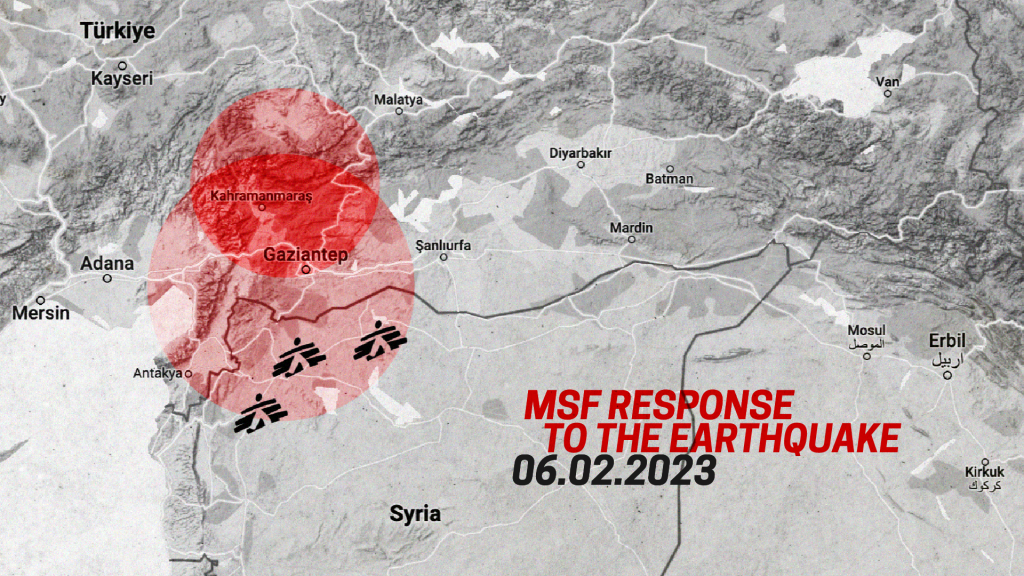A map of where the earthquakes hit on Feb. 6. Syria and Türkiye, 2023.