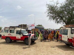 MSF trucks at a refugee camp in Chad.