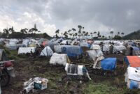 Temporary shelters made mostly of wooden poles, and plastic sheeting, secured by strings in Democratic Republic of Congo.