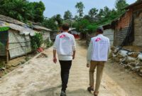 Two MSF staff walking through the Bangladesh refugee camps.