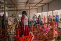 Patients waiting for triage at the MSF clinic under a shade in Andre camp, Chad.