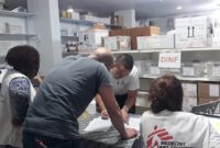 MSF staff prepare a medical supplies donation for the Ministry of Health in Gaza.