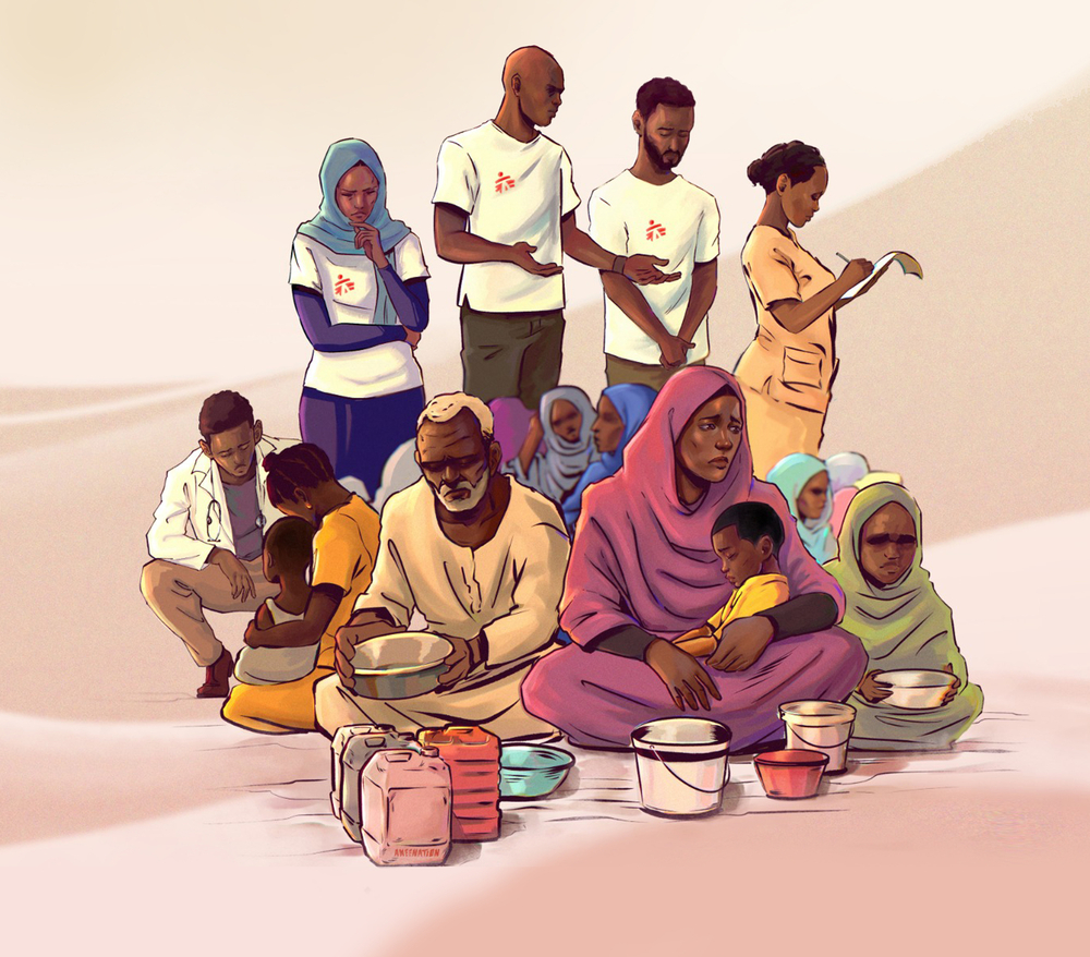 A cartoon showing a Sudanese family from young to elderly sitting on the ground. Behind them stand four MSF staff. A fifth MSF staff is crouching on the left, helping a young mother and her child. In fron of the family are typical items of people who have fled their homes: water containers, pots and bowls.