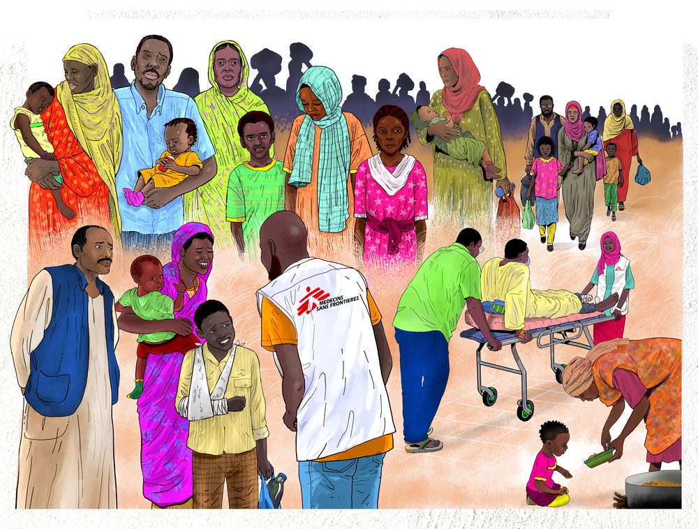 A cartoon showing various scenes of many displaced Sudanese people walking to safety and receiving help from MSF. A family is on the top left, another family with a boy whose arm is in a sling is speaking to an MSF staff in the bottom left, a person s being wheeled away on a stretcher to the right, and a woman bends down in the lower right to help an infant on the ground. Many people are in the background all walking in the same direction.