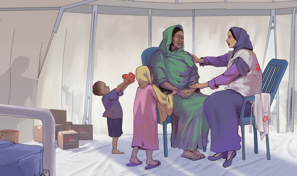 A cartoon showing two women sitting on chairs inside a tent. The woman on the right is an MSF staff who is speaking to the other woman, a mother. Two children play on the left next to their mother.