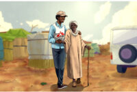 A cartoon showing an MSF staff helping an elderly Sudanese woman walk through a village. She carries a walking stick and there is a vehicle parked to the right.
